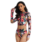 Traje de baño de manga larga, traje de baño de dos piezas, traje de baño floral con cremallera